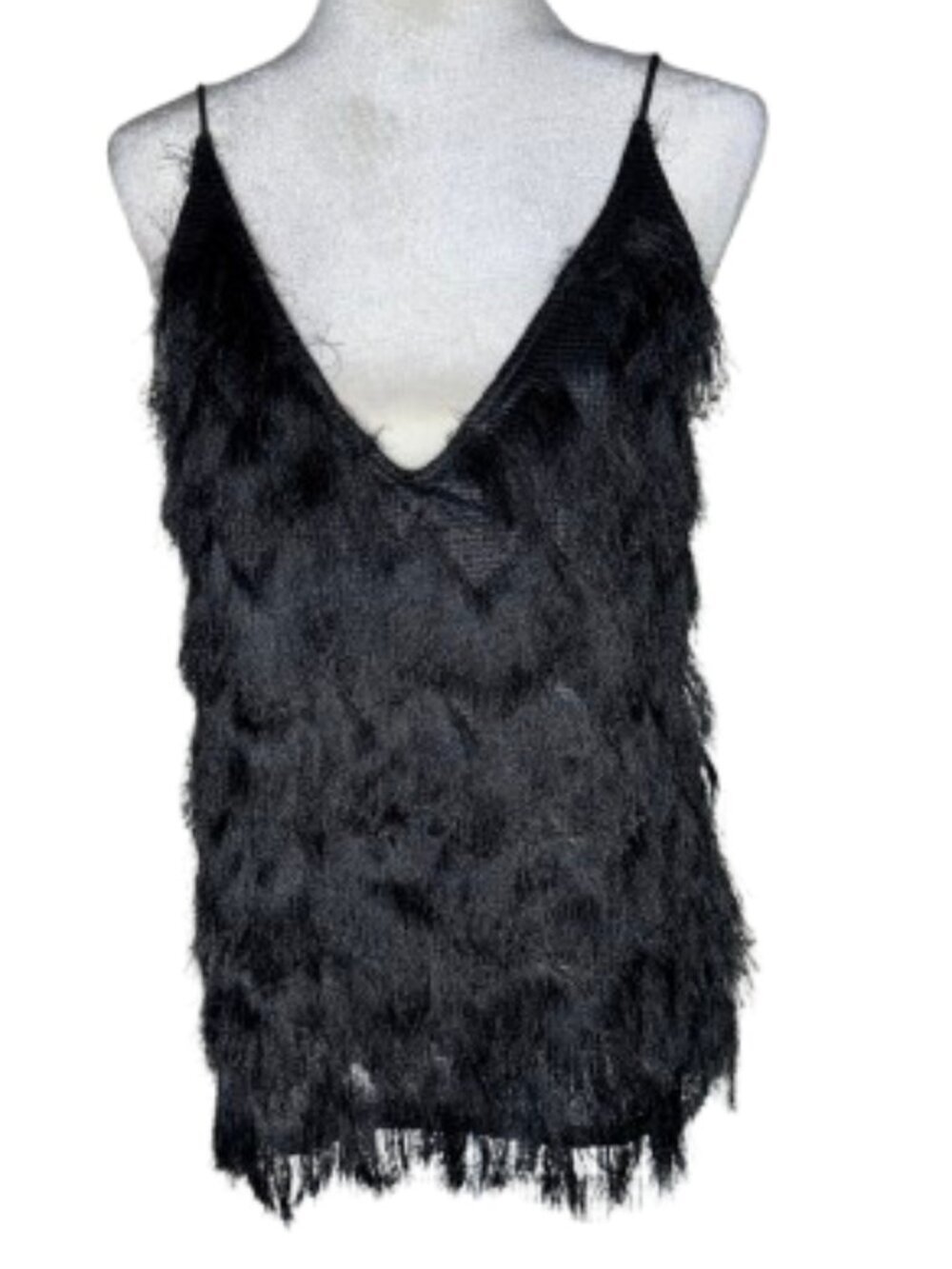 H&M Black Fringe-Trim V-Neck Camisole Top Size Large